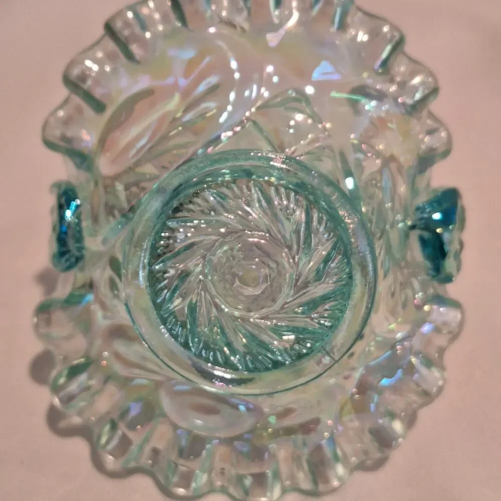 Vintage Fenton Glass Aquamarine Iridescent Ruffled Mini Basket Sticker